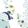 Colorful blue happy elephant print on kids shower curtain by Ozscape Designs.