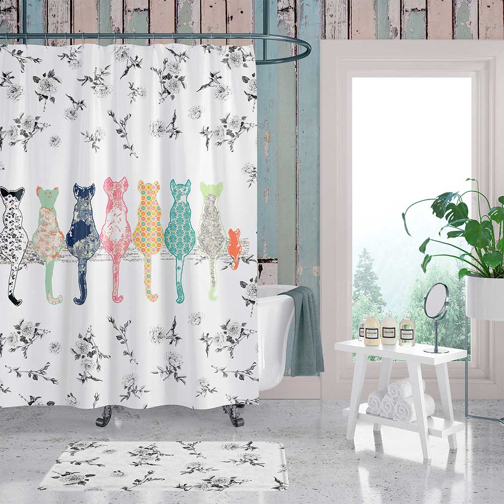 Unique floral & cat shower curtain