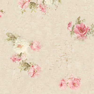 Beige bath mat with shabby chic rose floral print