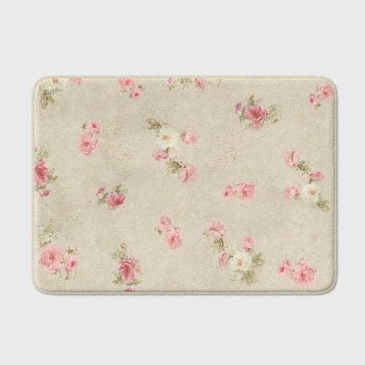 Beige bath mat with shabby chic rose floral print