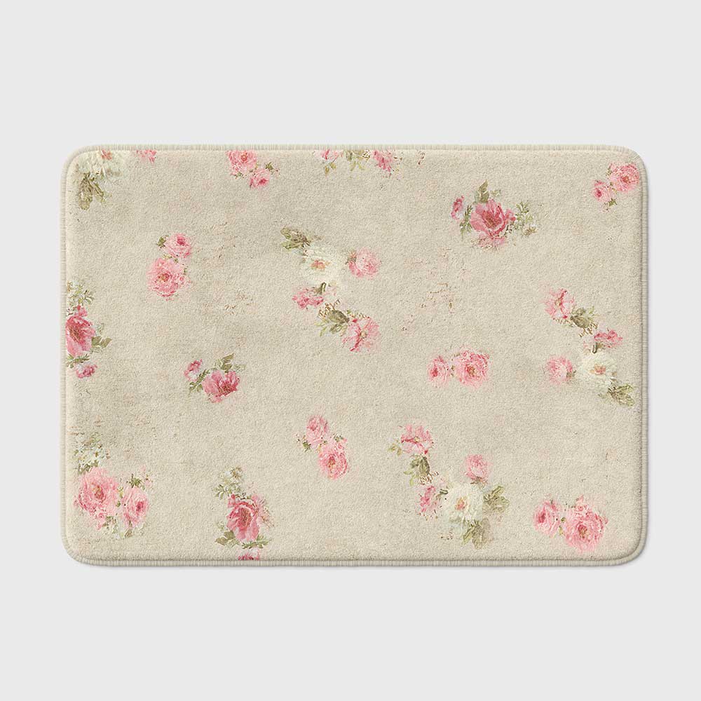 Beige bath mat with shabby chic rose floral print