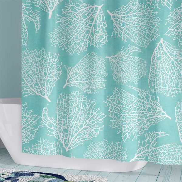washable turquoise coral coastal shower curtain