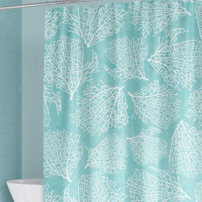 mold free washable fabric shower curtain in coral turquoise print