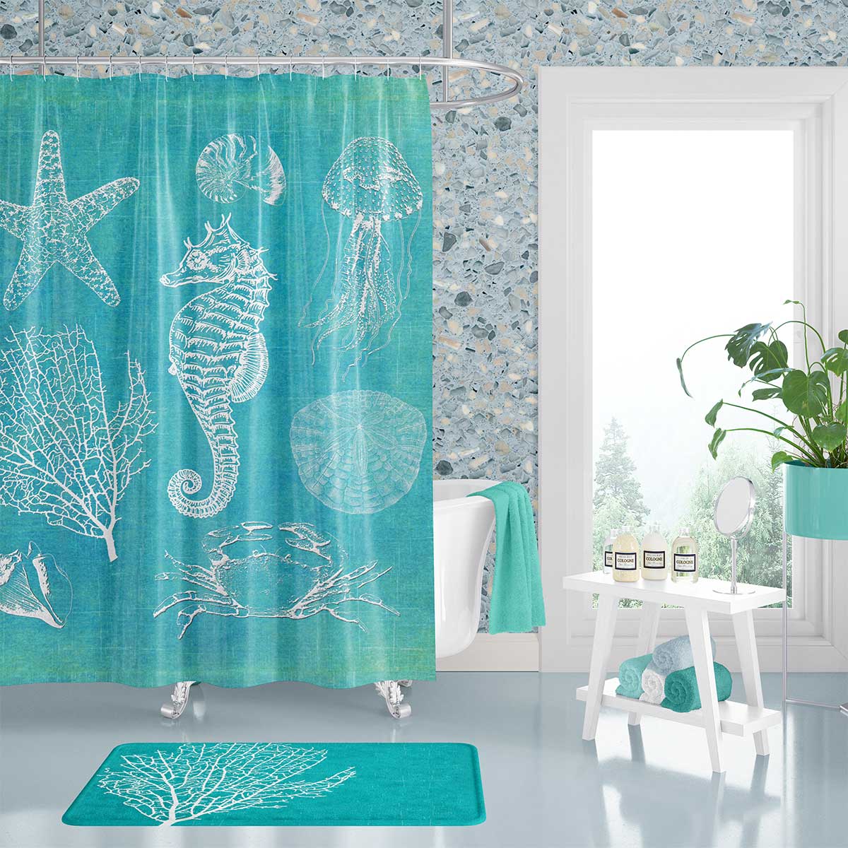 Aqua Blue Ocean Beach Shower Curtain for the bathroom.
