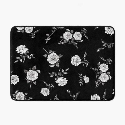 Black Bath Mat With Black adn White Rose Floral print