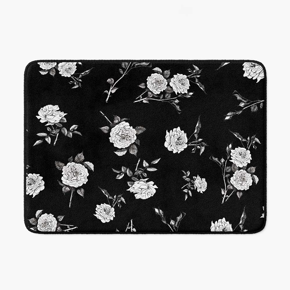 Black Bath Mat With Black adn White Rose Floral print