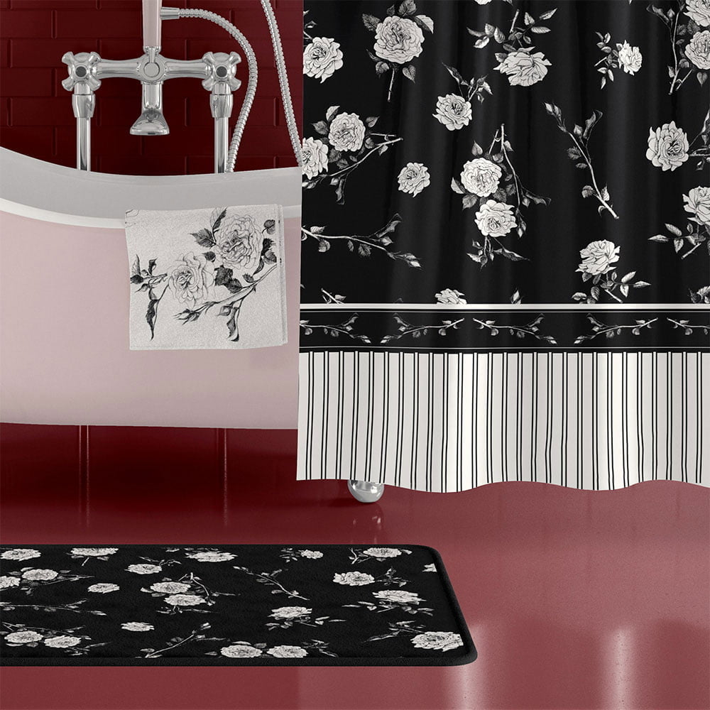 Black and White Rose Shower Curtain - Luxurious Bathroom Decor