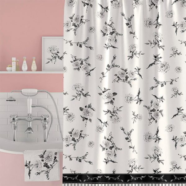 Black and White Floral Shower Curtain with Water-Resistant Fabric
