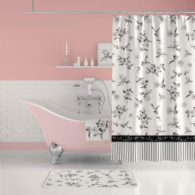 Black Rose Floral Shower Curtain on White Background for Elegant Bathroom Decor
