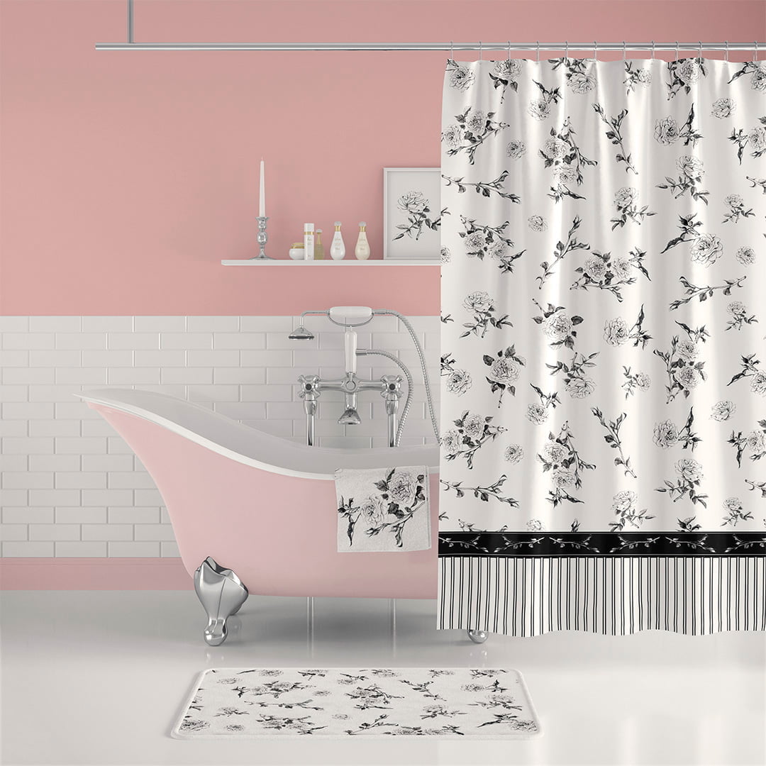 Black Rose Floral Shower Curtain on White Background for Elegant Bathroom Decor