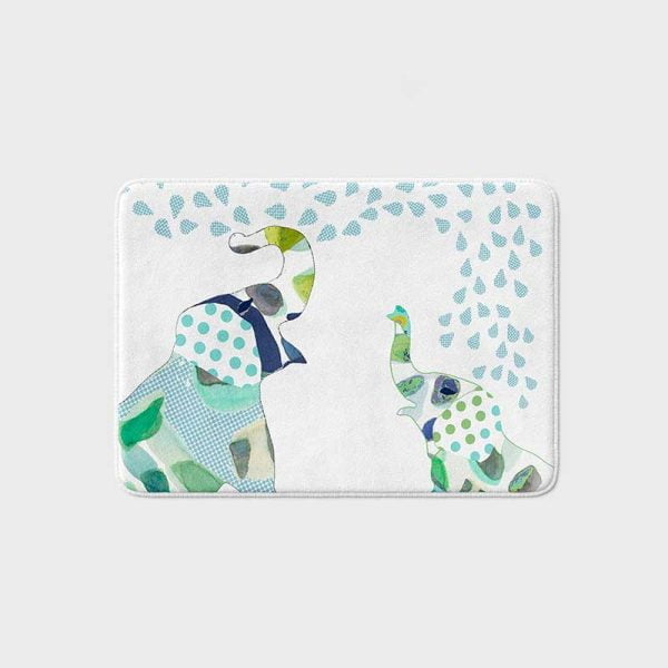 Kids Blue and Green Bath Mat With Happy Blue Elephants – Fun Bathroom Decor  – Ozscape Designs: Bathroom Decor & Bedroom Decor for Kids & You