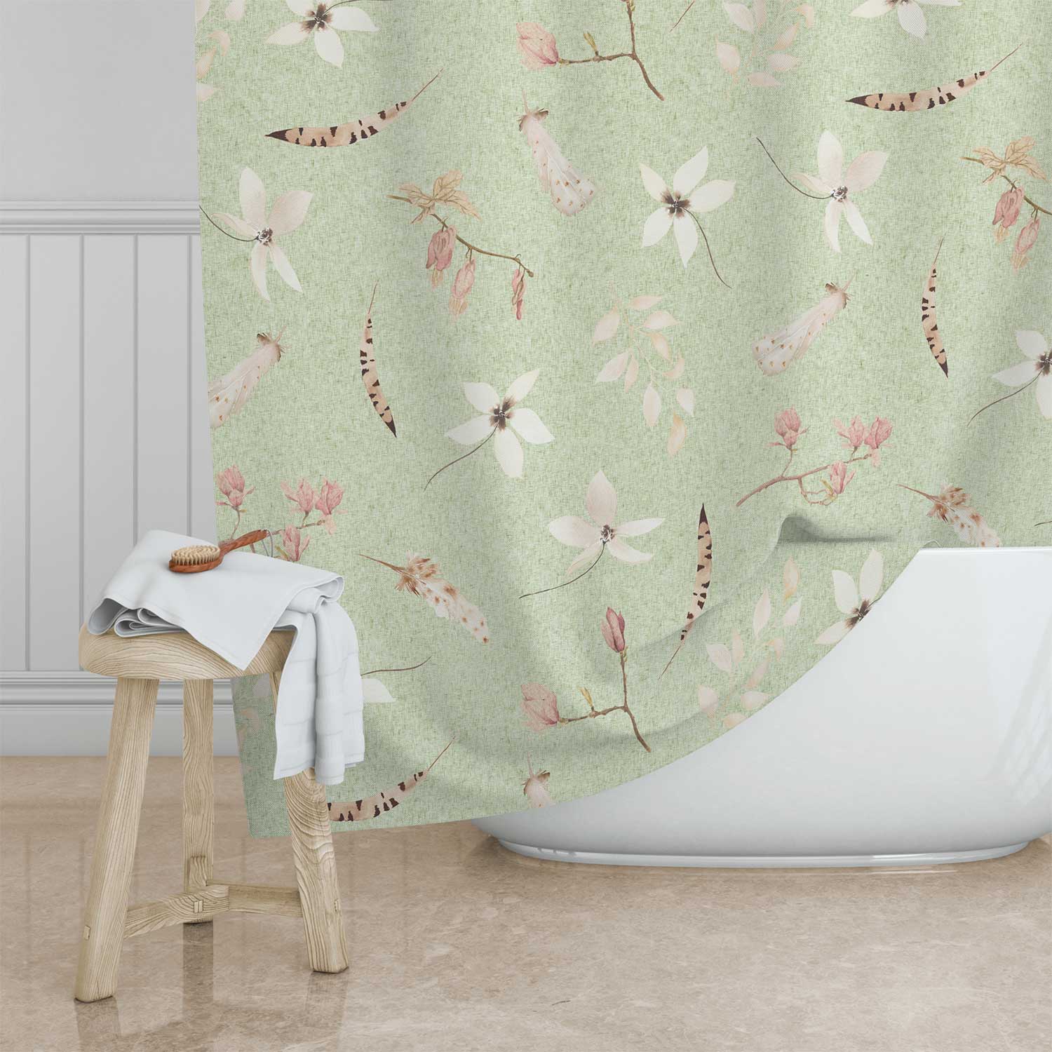 Green Floral Boho Shower Curtain