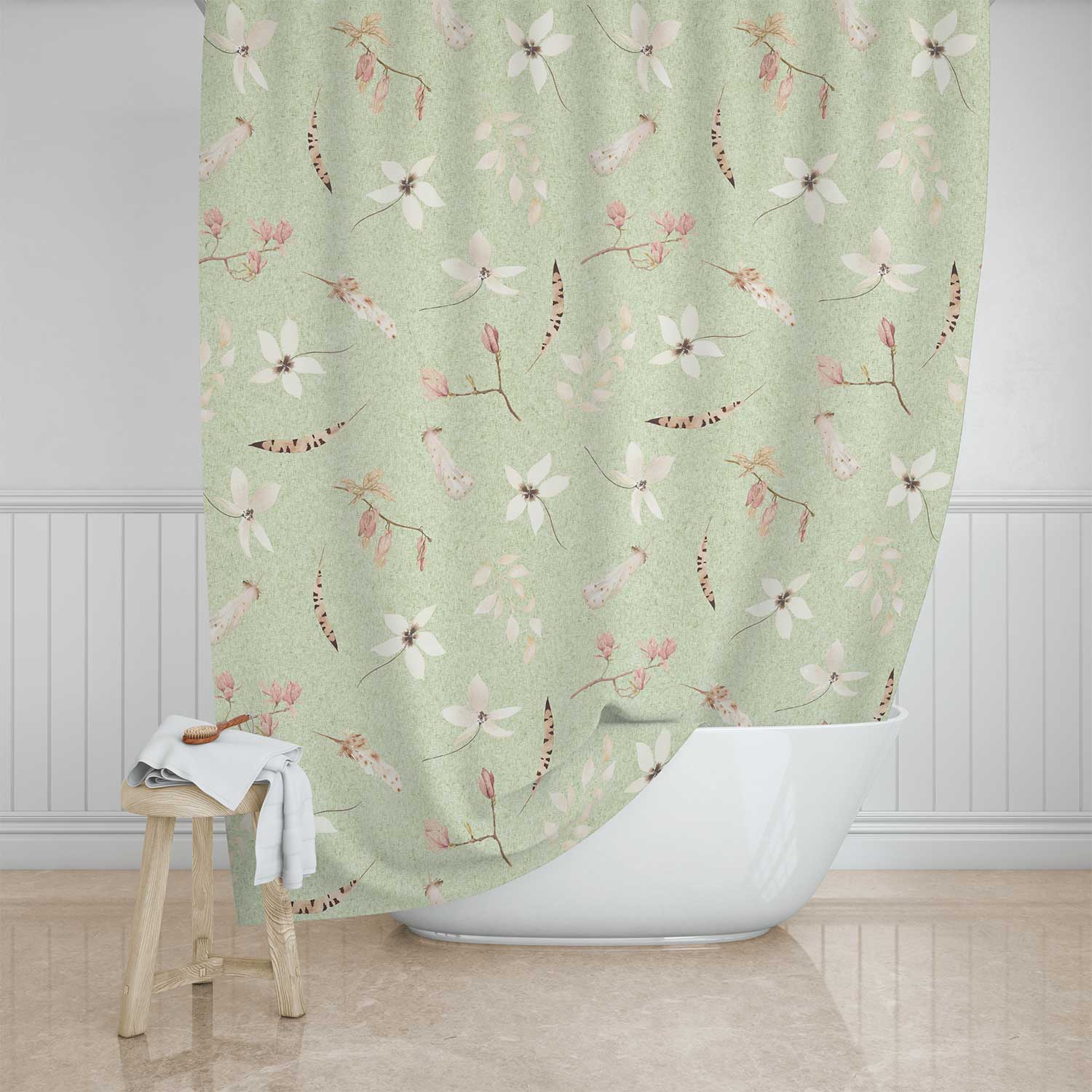 Green Shower Curtain With Boho Floral Print
