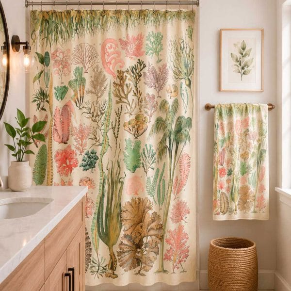 Botanical bathroom shower curtain with vintage ocean seaweed and algae illustrations displayed in a bathroom.