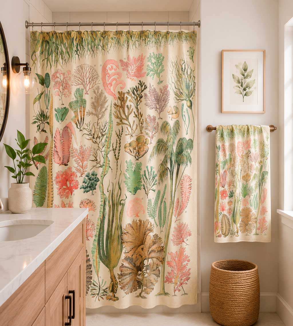 intage ocean botanical shower curtain featuring a decorative sea plant pattern in a bathroom setting.