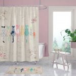 Fabric Shower Curtain with Blurred Roses and Cat Pattern