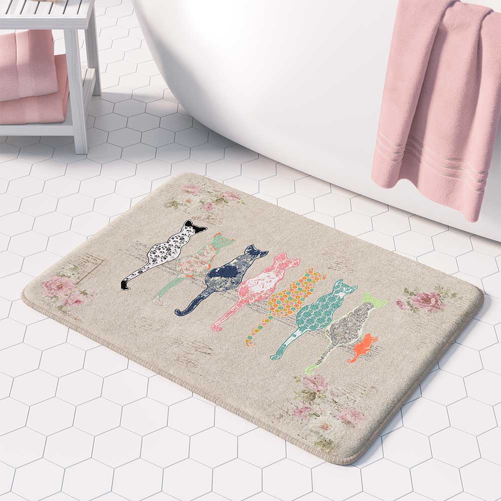 Beige bath mat featuring artist-designed floral cats and pink roses