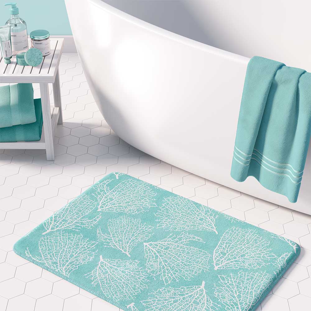 Ozscape designs bathroom decor - Blue turquoise non slip bath mat made of microfiber with coastal coral pattern.