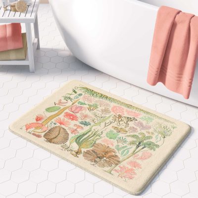 Yellow bath mat with vintage ocean algae pattern.
