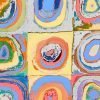 Modern shower curtain pattern with abstract circle design in vibrant colors.