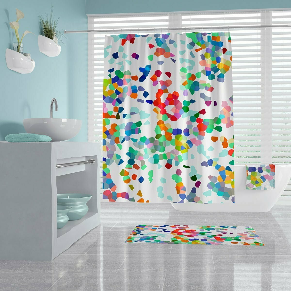 Abstract and playful shower curtain for a pop of color in your bathroom.