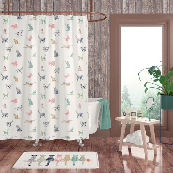 White shower curtain with whimsical cat design
