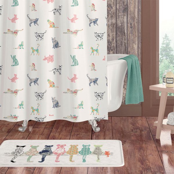 Farmhouse shower curtain with cat pattern