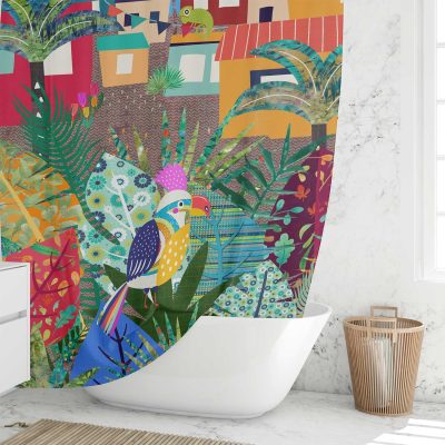 PREMIUM Non Toxic, Mold Resistant, Waterproof Fabric Shower Curtain For Kids With Colorful Bird & Jungle Bathroom Vibe