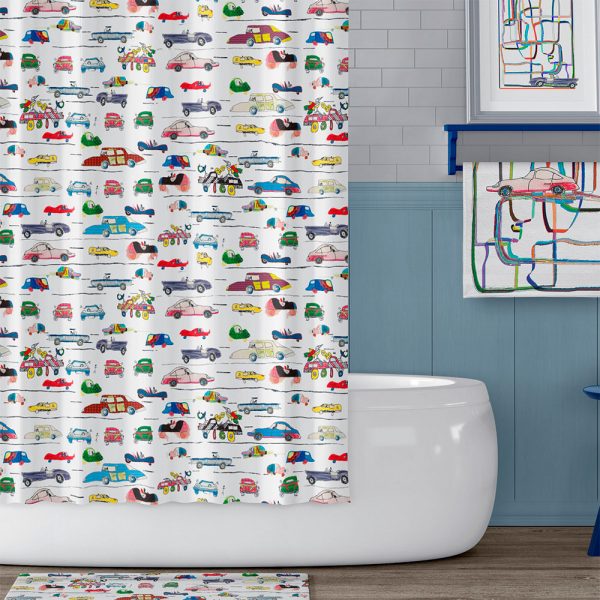 Kids Shower Curtain with Handrawn Crazy Cars Design