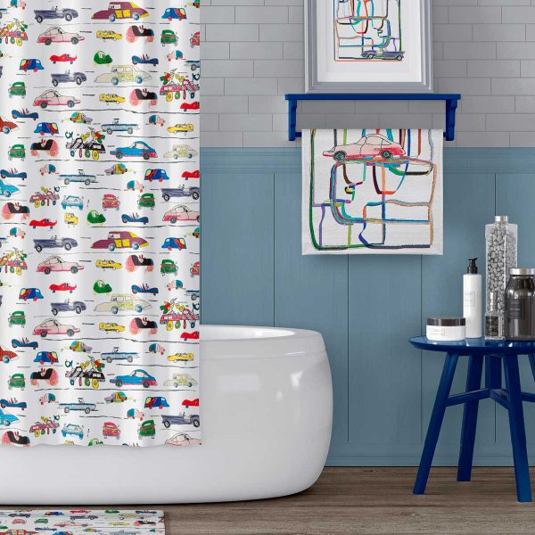 Kids' Handrawn Crazy Cars Shower Curtain with easy maintenance