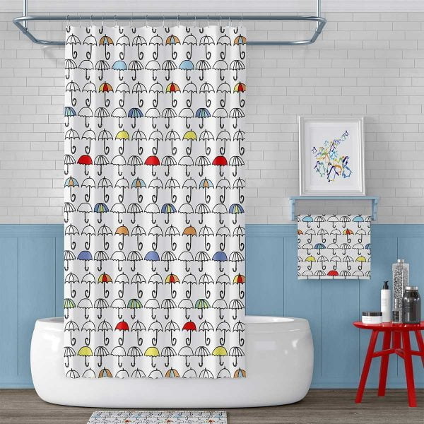 Fun, Colorful kids shower curtain with umbrella design.