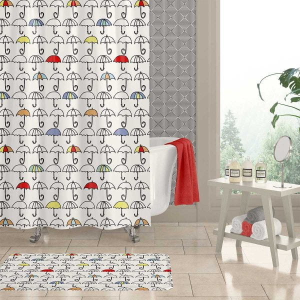 Shower curtain for kids with playful umbrella design, water-repellent.