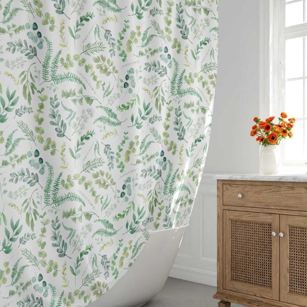 leafy green watercolor floral shower curtain
