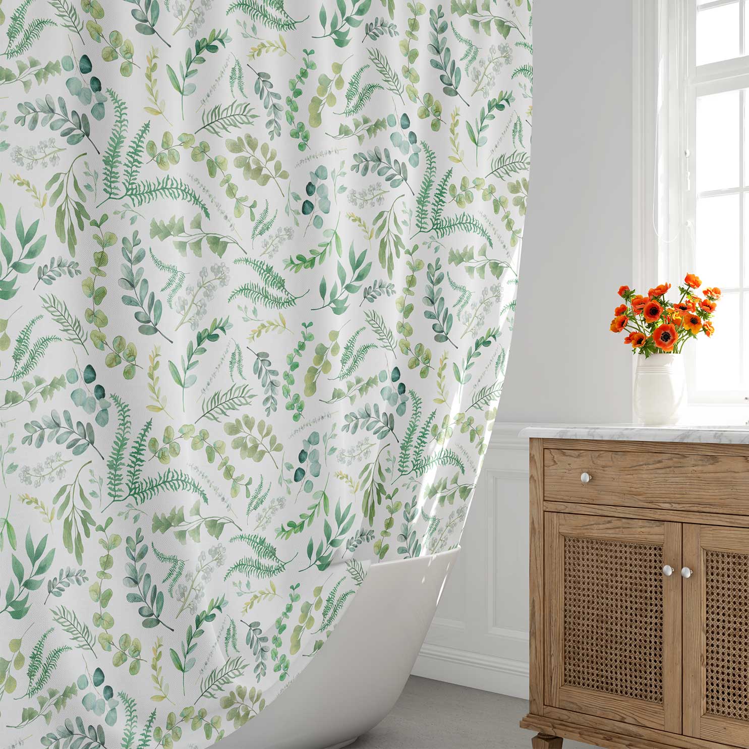 leafy green watercolor floral shower curtain