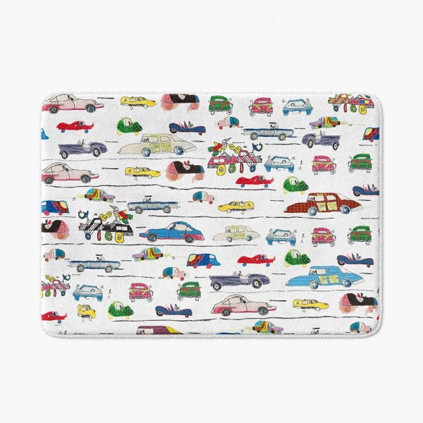 Colorful cars patterned microfiber bath mat for little boys' bathroom.