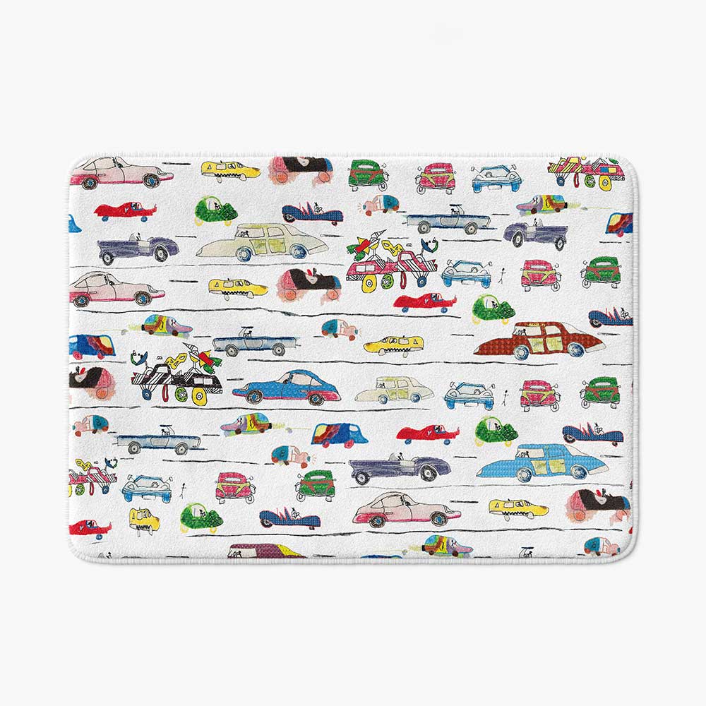 Colorful cars patterned microfiber bath mat for little boys' bathroom.