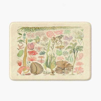 Yellow bath mat with vintage ocean algae pattern.