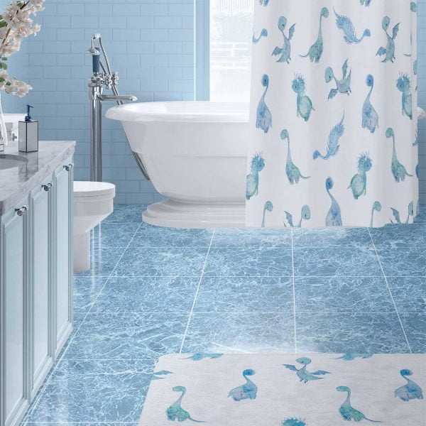 Fun Blue Dinosaur Shower Curtain for little kids bathroom