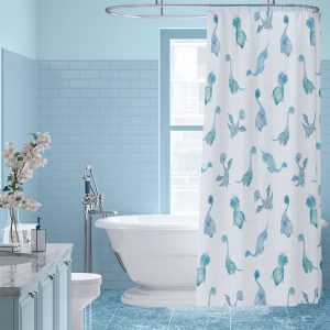 Blue Dinosaur Shower Curtain for Kids Bathroom – All-over Cute Dinosaur Print, Waterproof, Mold-Resistant, 71x74 Inches