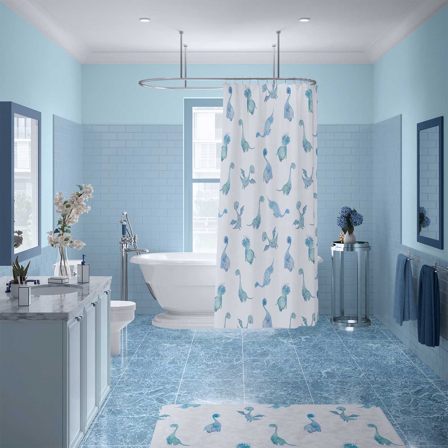 Blue Dinosaur Shower Curtain - Cute Toddler Boy Bathroom Decor, image size:1500x1500