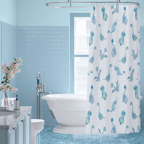 Fun blue dinosaur bath decor for children's bathroom.