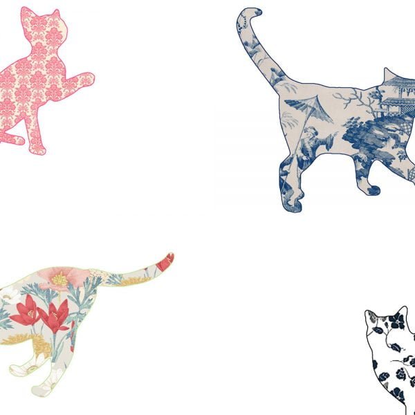 stylish patchwork cat design on white bath mat