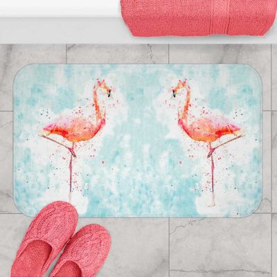 Cute pink flamingo blue bath rug