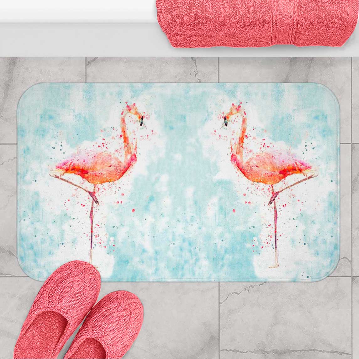Cute pink flamingo blue bath rug