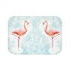 Blue bath rug with soft microfiber pink flamingo design