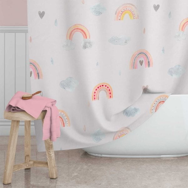 kids shower curtain with pink rainbow printed fabric