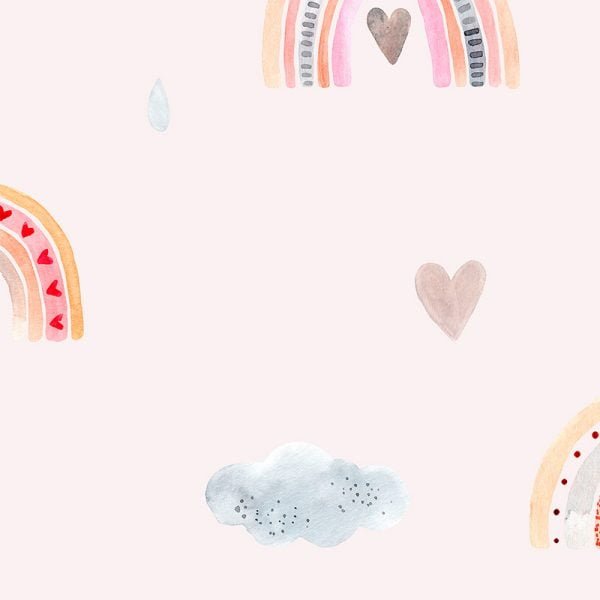 Close-up of pink rainbows and clouds on shower curtain
