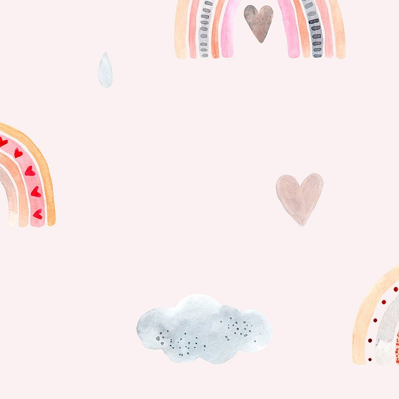 Close-up of pink rainbows and clouds on shower curtain