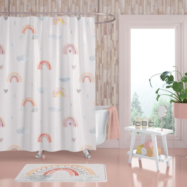 Kids shower curtain with a fun and vibrant rainbow design