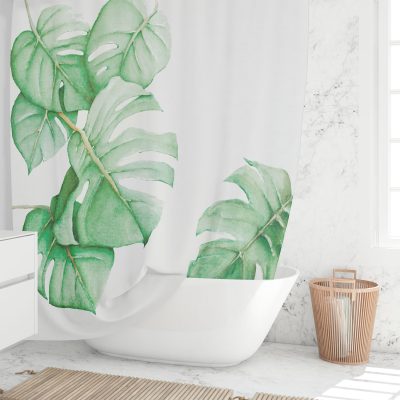 Tropical green bathroom green palm leaf shower curtain